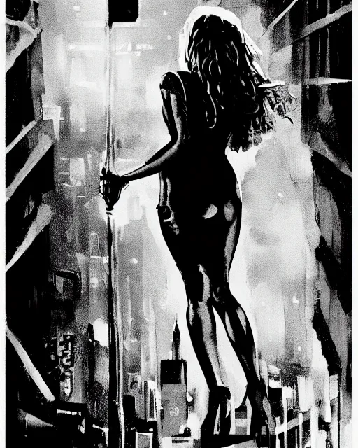 Image similar to film still from sin city, closeup portrait of megan fox private detective standing on a blade runner street corner, detailed illustration, digital art, trending on artstation, frank miller, martin ansin, comic book cover, film noir,