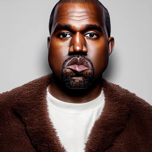 Prompt: the face of kanye west wearing full teddy bear costume at 4 3 years old, portrait by julia cameron, chiaroscuro lighting, shallow depth of field, 8 0 mm, f 1. 8