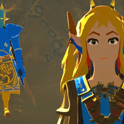 Prompt: gold and blue knight with a king's coat in legend of zelda breath of the wild