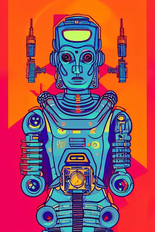 Image similar to astronaut cyberpunk cyborg robot thousand buddha, golden ratio, sharp linework, clean strokes, sharp edges, flat colors, cell shaded by moebius, Jean Giraud, trending on artstation