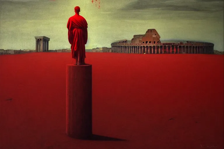 Image similar to only with red, caesar after war, a red tiger, in hoc signo vinces, rome in background, an ancient path, in the style of beksinski, part by hopper, part by rodcenko, part by hofbauer, intricate composition, red by caravaggio, insanely quality, highly detailed, masterpiece, red light, artstation