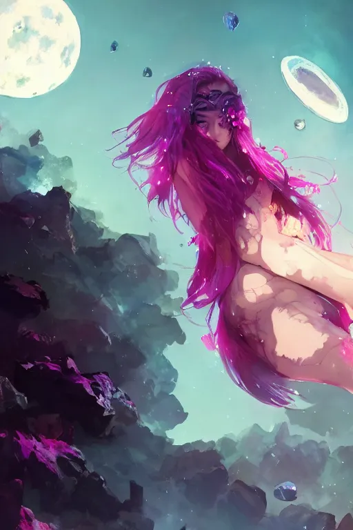 Prompt: A beautiful woman with magenta hair covering her face basking in the moonlight on a bed of obsidian crystals below planets, tall tree, cinematic lighting, dramatic atmosphere, by Dustin Nguyen, Akihiko Yoshida, Greg Tocchini, Greg Rutkowski, Cliff Chiang, 4k resolution, trending on artstation