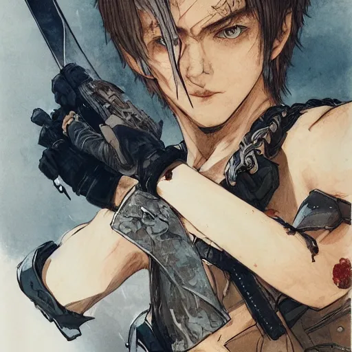 Image similar to portrait of a young white hero using his right arm to grip a katana that is covering his eye by yoji shinkawa, high quality, extra details, realism, ornate, colored, golden chain, blood, white skin, short hair, brown eyes, vivid, sunlight, red headband, black eyepatch, white american soldier, painting, cybernetics, military