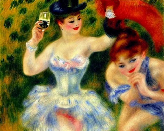 Image similar to vintage, champagne. cancan, french, realistic, cheerful, 1 9 0 2 art by renoir