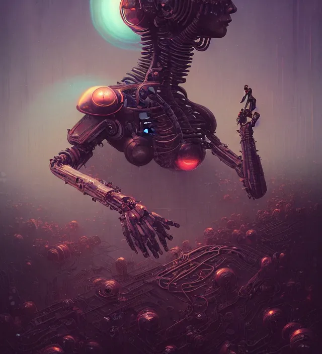 Prompt: anthropomorphic artificial intelligence working endlessly as a salve inside a hell digital world, being controlled by an infinite amount of human beings, vintage soft grainy, dark synthwave, centered composition, in the style of Oscar chichoni and Peter mohrbacher and Dawid planet