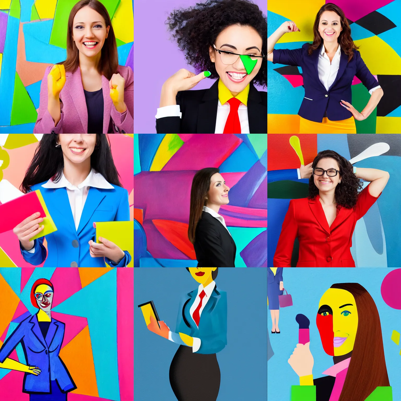 Prompt: a successful female marketing manager wearing a suit, positive mood, bright colors, success, highly detailed, cubist painting