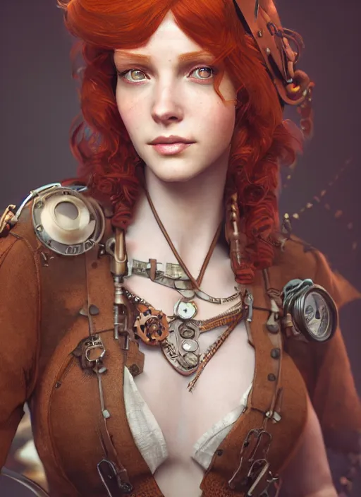 Image similar to steampunk portrait of a redhead female, hyper detailed, digital art, cinematic lighting, studio quality, smooth render, unreal engine 5, octane rendered, art style by klimt and nixeu and ian sprigger and wlop and krenz cushart.