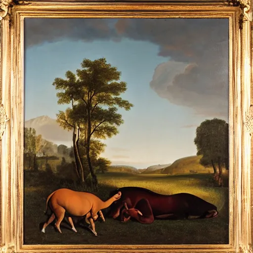 Image similar to oil painting by george stubbs of a man posing with a hippopotamus and a llama in a meadow at dawn.