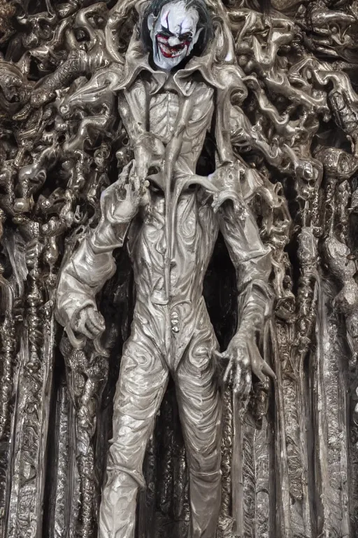 Prompt: a cinematic view of a ornated intricate gothic sacred statue of medieval joker made in light concrete, with few ornaments in shiny polished chrome, sculpted by gaudi, neutral background