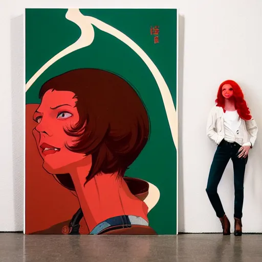 Prompt: portrait of an attractive tomboy woman with long crimson red hair and red eyes wearing a brown open jacket and green jeans with a stern look, album art, boards of canada, retro, by ross draws, by tomine, by satoshi kon, by rolf armstrong, by peter andrew jones, beksinski