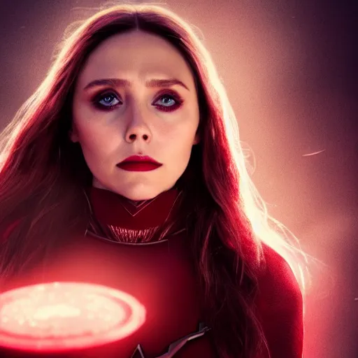 Image similar to Elizabeth Olsen as the Scarlet Witch in alt attire and heavy alt makeup, trending on artstation, gloomy atmosphere, photorealistic facial features, 4k, 8k