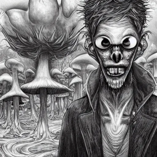 Image similar to 4 k headshot portrait of a psychedelic demonic anthropomorphic wendigo smoking a hand - rolled cigarette smoking heavily, magic mushroom village in background. award winning. superb resolution. in the art style of junji ito and greg rutkowski. detailed mushroom city in background. hyper realistic anime. perfect art. dalle 2