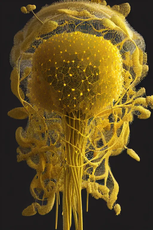 Image similar to intricate hyper detailed ultra sharp 3 d render of a lorde, unity of mood, large pore fungi embroidered, bright light, art nouveau, haute couture alexander mcqueen leaves stems dahlia transparent fractal dandelion yellow pistil filigree roots, octane render, volumetric cinematic lighting, 8 k post - production