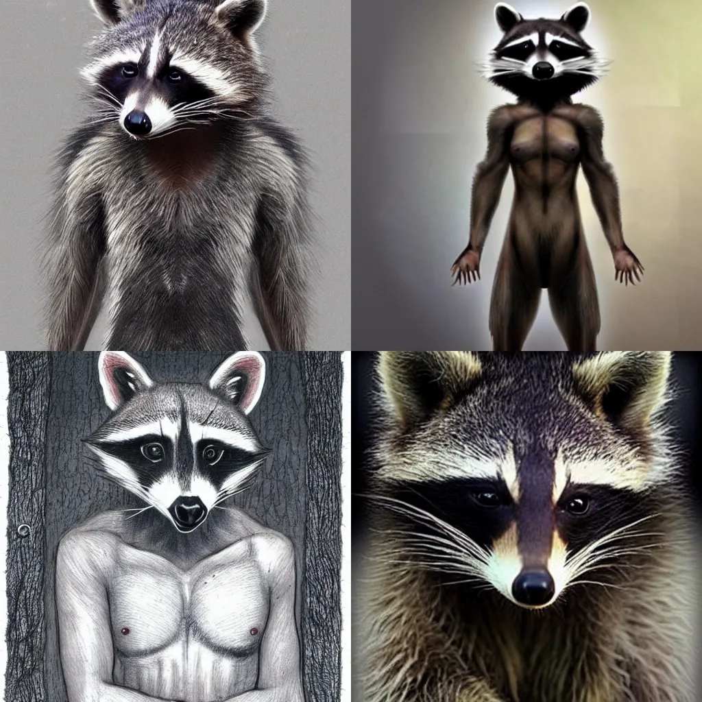 Prompt: a raccoon human hybrid