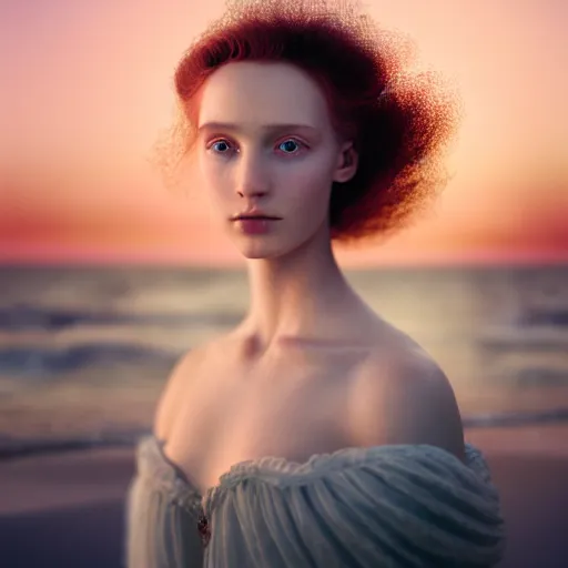 Image similar to photographic portrait of a stunningly beautiful english renaissance female in soft dreamy light at sunset, beside the sea, soft focus, contemporary fashion shoot, in a tim burton movie, by edward robert hughes, annie leibovitz and steve mccurry, david lazar, jimmy nelsson, extremely detailed, breathtaking, hyperrealistic, perfect face, octane render