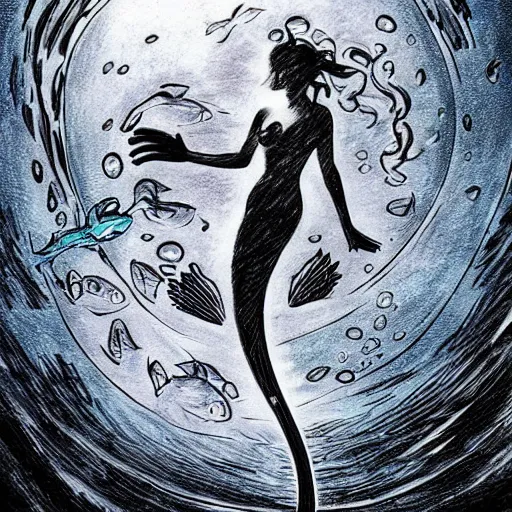 Prompt: old drawing of a scuba diver swimming with a beautiful mermaid underwater, under water scenery, dramatic lighting, intense, epic, drawing