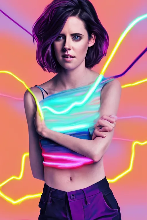 Image similar to a award winning half body portrait of a beautiful kristen ritter in a croptop and cargo pants with ombre purple pink teal hairstyle and hands in pockets by ari liloan, surrounded by whirling illuminated lines, outrun, vaporware, shaded flat illustration, digital art, trending on artstation, highly detailed, fine detail, intricate