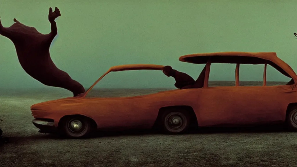 Image similar to the hip creature on the car, film still from the movie directed by denis villeneuve and david cronenberg with art direction by salvador dali and zdzisław beksinski, wide lens