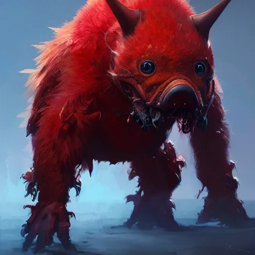 Prompt: realistic portrait of a grox from spore, red furry cyborg creature with one robotic eye, pointy ears, dramatic lighting, illustration by greg rutkowski, yoji shinkawa, 4 k, digital art, concept art, trending on artstation