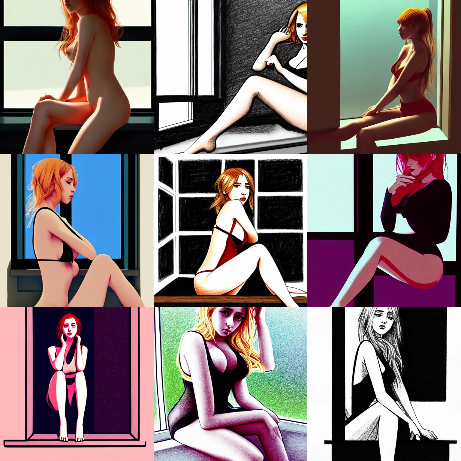 Prompt: seductive drawing of caylee cowan, sitting down, leaning against the window, in the style of ilya kuvshinov