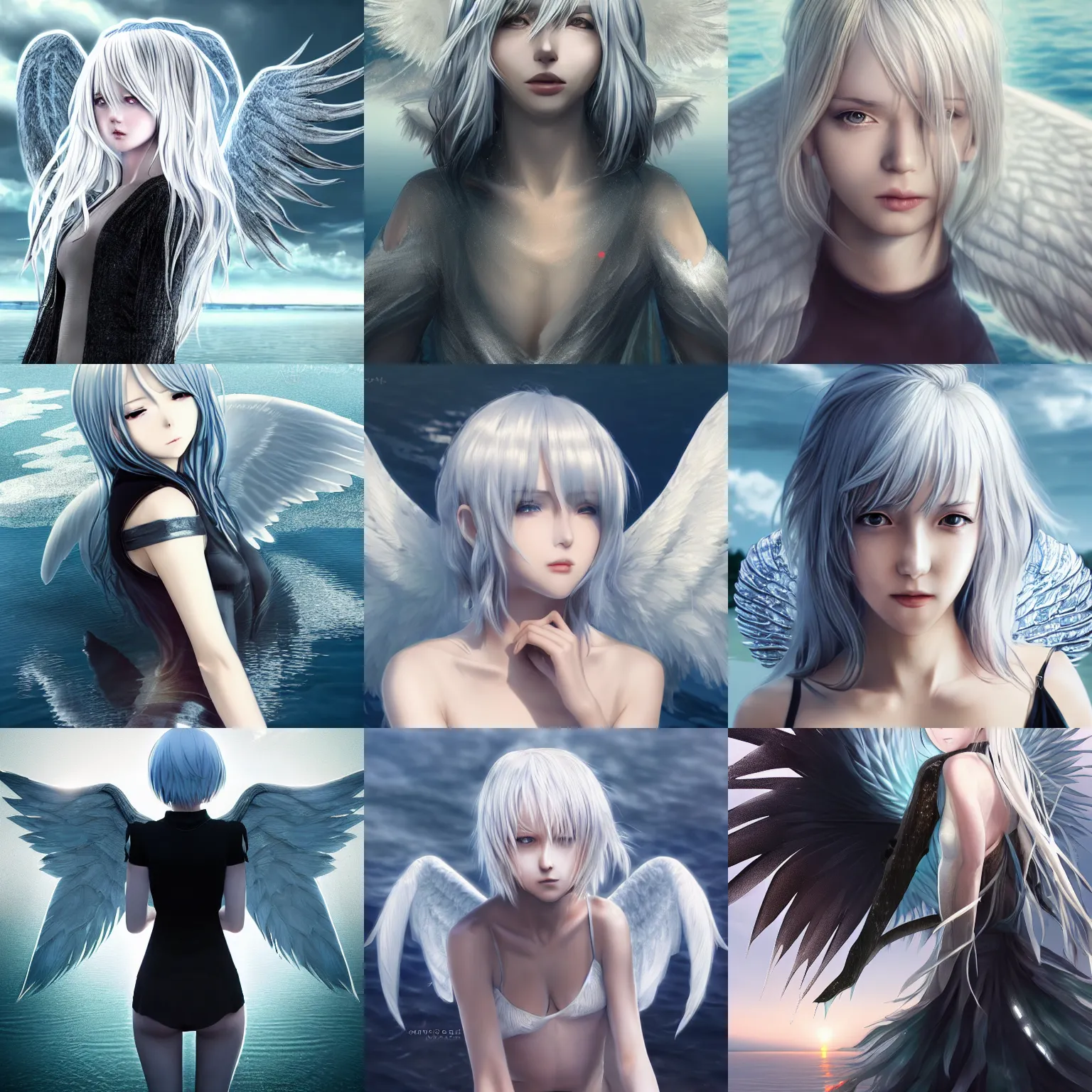 Prompt: advanced digital anime art, max accurate ultra detailed photo portrait of an angel with silver hair and black wings standing in a lake, reflection, artstation, realistic, octane rendering, 56k, hyper realistic, Shikamimi, WLOP, RossDraws
