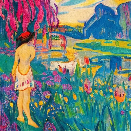 Image similar to A colorful and poetic painting of a girl looking at a landscape of flowers and water, by Ernst Ludwig Kirchner and Gaston Bussière featured on ArtStation, trending on ArtStation, cgsociety, trending on 500px, deviantart