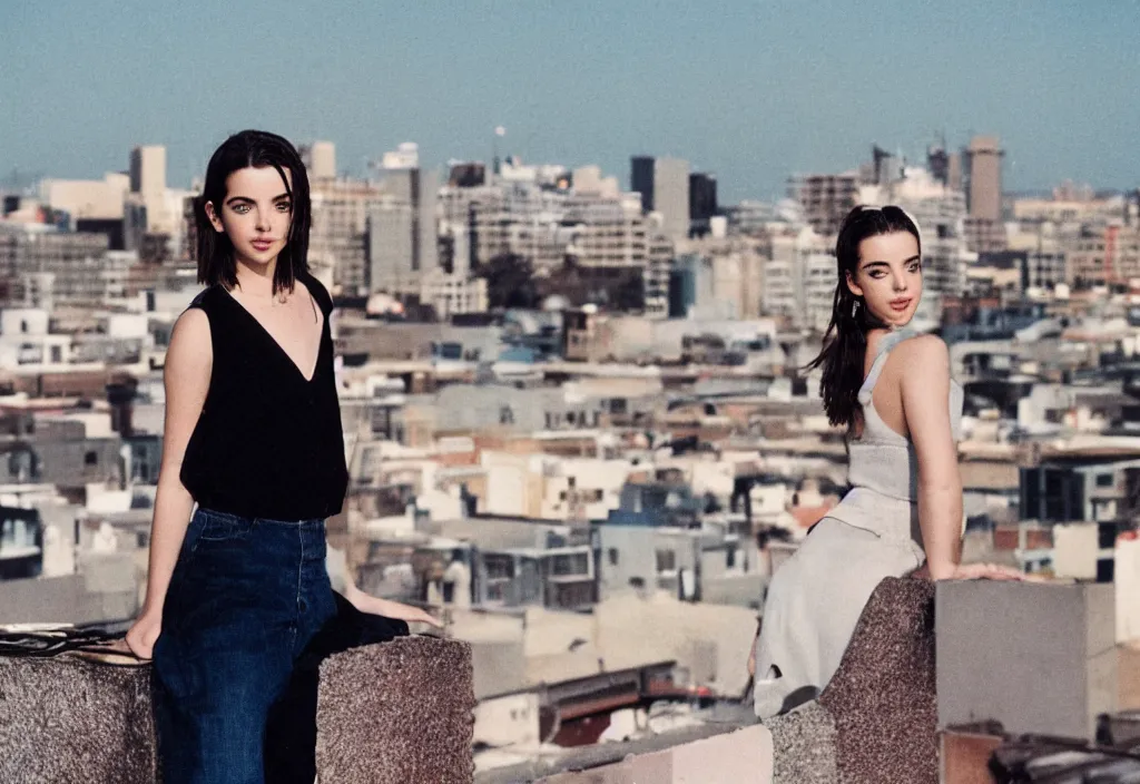 Prompt: lomo photo of adelaide kane standing on the roof of building, small town, cinestill, bokeh, out of focus