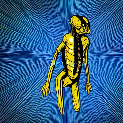 Image similar to human man that resembles a wasp morh in surreal sketch style, blue and yellow gradient, noise, ultrafine detail, hd 8k, logo illustration