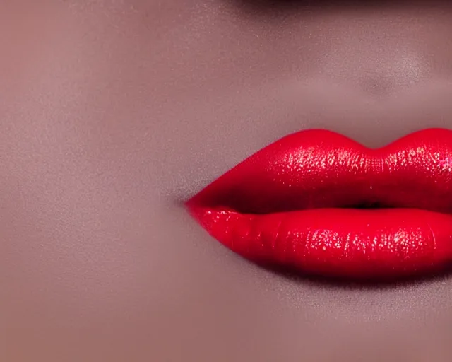 Image similar to big plump lips with red lipgloss reflecting on the surface. closeup