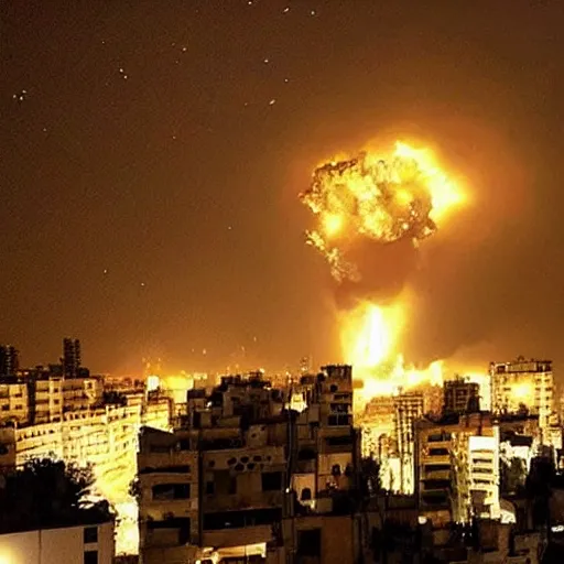 Prompt: picture of huge explosion in city in Syria at night