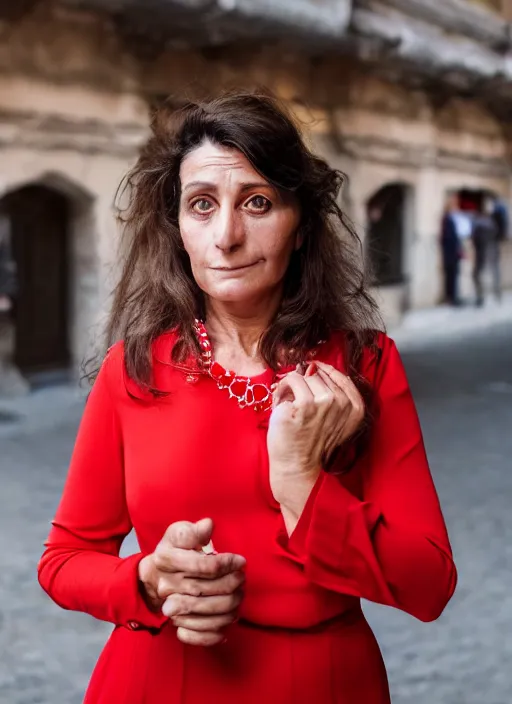 Prompt: portrait of beautiful 40-years-old Italian woman, wearing a red outfit, well-groomed model, candid street portrait in the style of Martin Schoeller award winning, Sony a7R