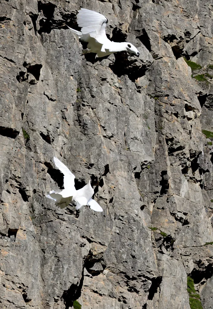 Image similar to a mountain goat flying an impossible distance through the air between two peaks | pure white doves flying in and out of a large chimney |