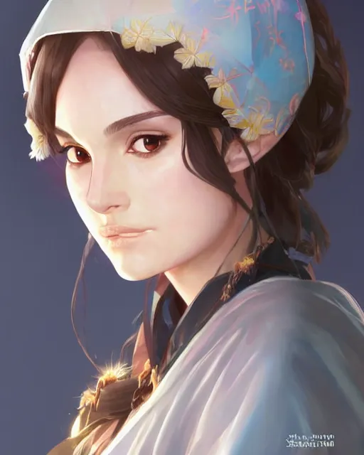 Prompt: An anime portrait of Natalie Portman as a beautiful woman wearing a kimono from Skyrim, by Stanley Artgerm Lau, WLOP, Rossdraws, James Jean, Andrei Riabovitchev, Marc Simonetti, and Sakimichan, trending on artstation