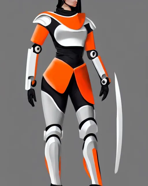 Prompt: concept art of a thicc female futurstic warrior, wearing a futuristic helmet, futurstic smooth slim fitted armor, sleek design, aerodynamic design, holding a large futurstic robotic bow, full body image, white and grey and orange gradient | | epic - fine - clean, polished, trending on artstation, brush strokes