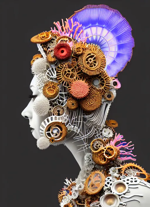 Prompt: intricate 3 d render, hyper detailed, ultrasharp, beautiful biomechanical steampunk woman portrait with a porcelain profile face, futuristic haute couture, iris van herpin, headdress laser cut paper made of sponge corals, daisies, colorful mushrooms, jellyfish, puffballs, white red rhizomorphs, cyberpunk metallic brackets, octane highly render, 8 k, ultra hd