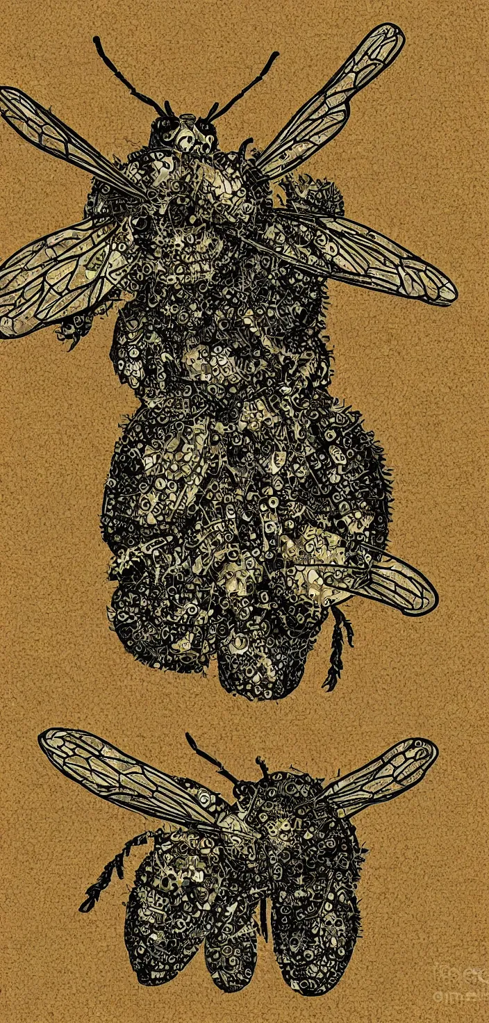 Prompt: metamorphosis of a mechanical Bee shedding it's organic outer layer, digital art