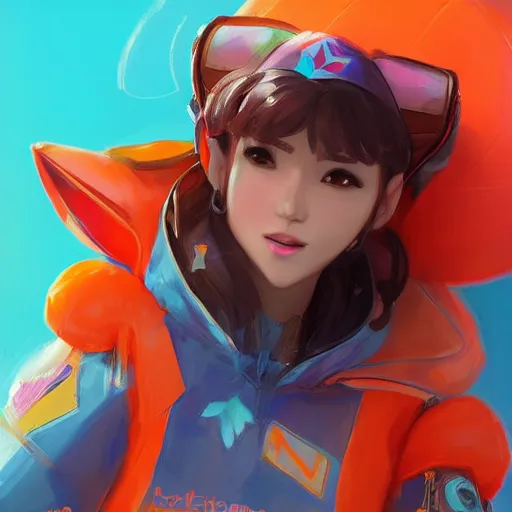 Prompt: magic mushroom, d. va from overwatch wearing orange puffy bomber jacket, craig mullins style