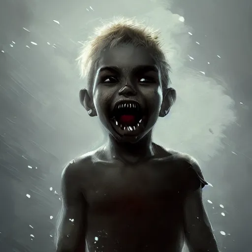 Image similar to child, black eyes, sharp teeth, portrait, intricate, detailed, volumetric lighting, scenery, digital painting, highly detailed, artstation, sharp focus, illustration, concept art,