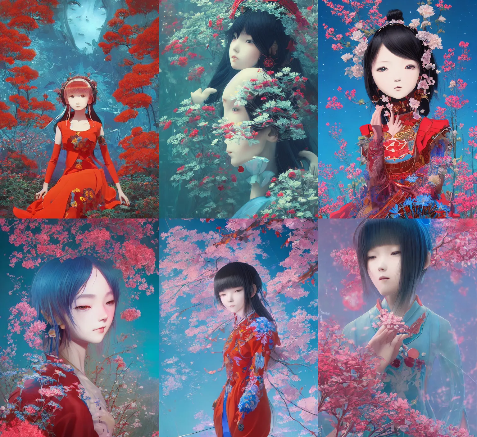 Prompt: detailed, sharp, dreaming humanoid female automata wearing red chinese ornament surrounded by glowing blue flowers and flora floating above a dystopia by Ilya Kuvshinov and Anna Dittmann and studio ghibli and WLOP and Rossdraws, digital art, surreal, trending on artstation, anime arts, featured on Pixiv, blue lighting, HD, 8K, highly detailed, good lighting, beautiful, epic, masterpiece