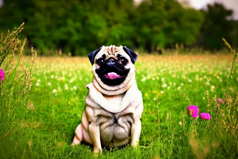 Prompt: a happy pug, single subject, peaceful flower meadow with some trees in the background, scenic full shot, ambient lighting, detailed face, by hr giger