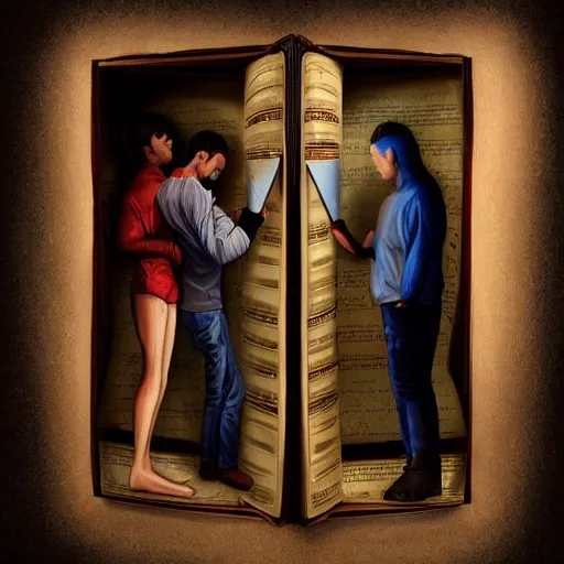 Image similar to a realistic painting of three male and one female characters emerging from inside a book, trending on artstation, detailed digital art