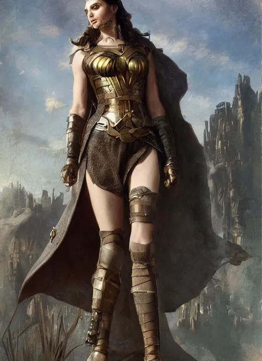 Image similar to highly detailed steampunk gal gadot standing, steel age : leonardo da vinci, greg rutkowski, magali villeneuve