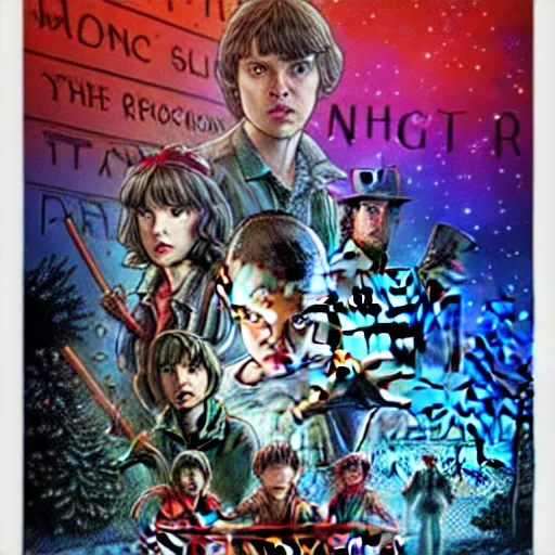 Prompt: Stranger Things poster by Ashley Wood and Mike Mignola and Drew Struzan, artstation, 80's American sci-fi poster style, 4K detailed post processing, footage