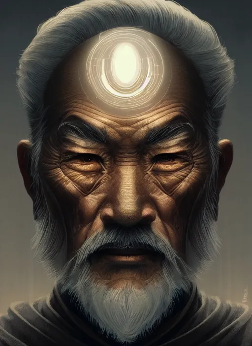 Image similar to symmetry!! portrait of old man japanese warrior, tech wear, glowing lights!! intricate, elegant, highly detailed, digital painting, artstation, concept art, smooth, sharp focus, illustration, art by artgerm and greg rutkowski and alphonse mucha