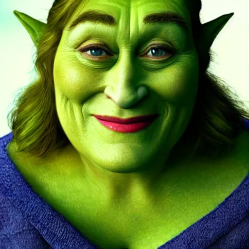 Prompt: meryl streep and shrek hybrid, realistic photography, high detail