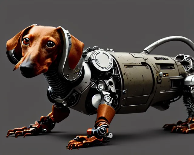 Image similar to dachshund robot, mechanical, machine, octane render, concept art, sharp focus, hyper - realistic, intricate, detailed, damien guimoneau, luka mivsek, ruan jia