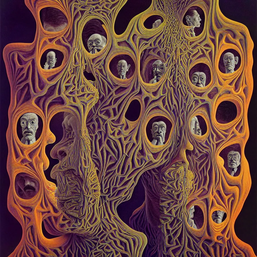 Image similar to infinite fractals forming a human face, recursion, surreal, by salvador dali and mc escher and max ernst and alex grey, oil on canvas, weird, dreams, fantasy, intricate details, soft lighting, warm colors