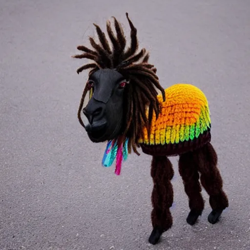 Prompt: a llama with dreadlocks wearing a colored hat