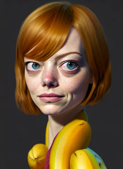 Prompt: anthropomorphic portrait of emma stone as a banana, au naturel, hyper detailed, digital art, trending in artstation, cinematic lighting, studio quality, smooth render, unreal engine 5 rendered, octane rendered, art style by klimt and nixeu and ian sprigger and wlop and krenz cushart and pixar and riot and overwatch