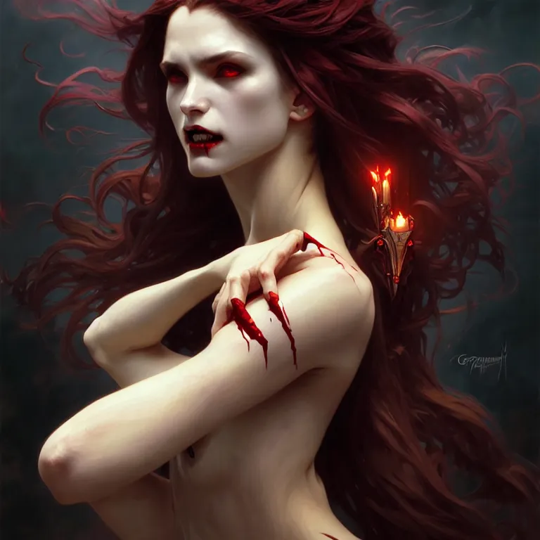 Prompt: vampire demon, painting, good against evil, highly detailed, digital painting, smooth, beautiful angle, weak demon, sharp focus, illusion, ultra - realistic, 8 k, strong and powerful confident angle artgerm, greg rutkowski and alphonse mucha